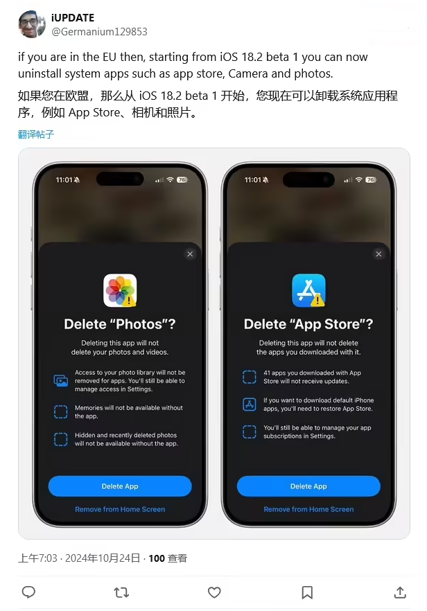 信阳苹果手机维修分享iOS 18.2 支持删除 App Store 应用商店 