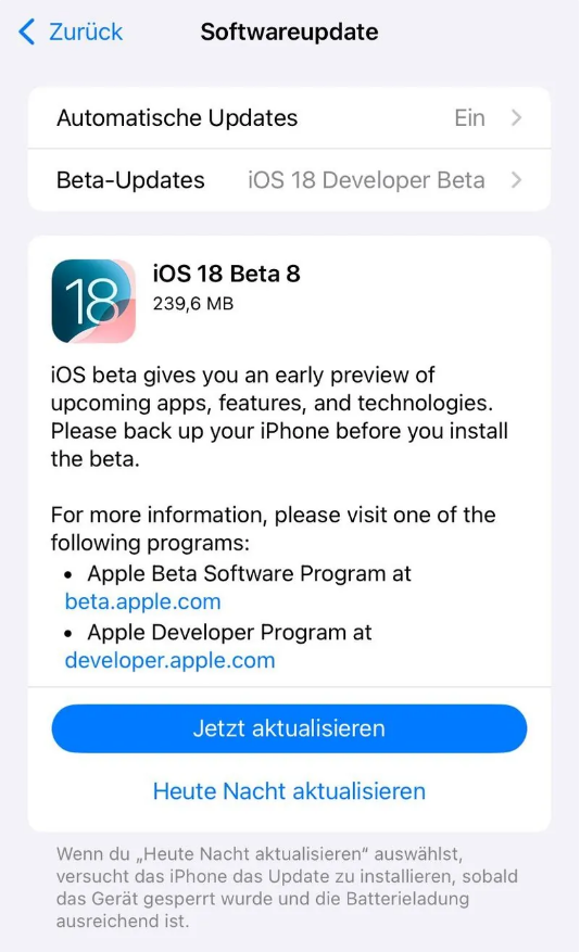 信阳苹果手机维修分享苹果 iOS / iPadOS 18 开发者预览版 Beta 8 发布 